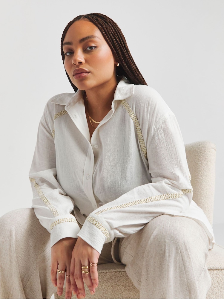 Simply Be Cream Sparkle Trim 100% Cotton Relaxed Shirt - Image 2 of 4