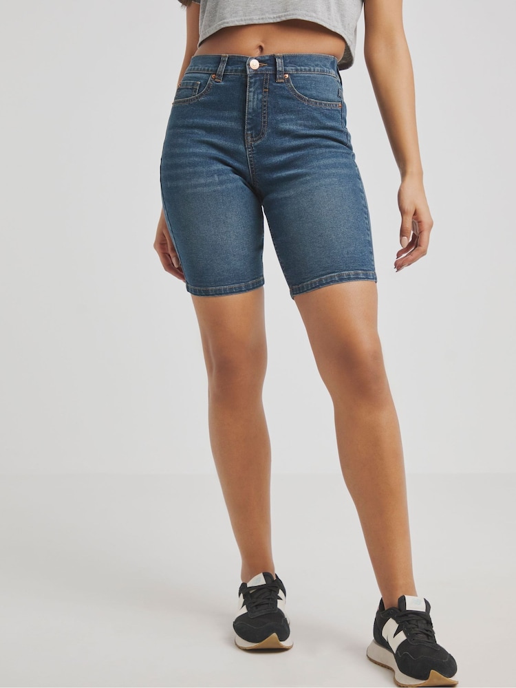 Simply Be Blue 24/7 Denim Knee Shorts - Image 1 of 4 Simply Be Blue 24/7 Denim Knee Shorts - Image 1 of 4