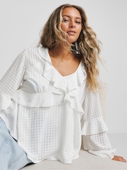 Simply Be White Seersucker Check Ruffle Sleeve Boxy Blouse - Image 1 of 4