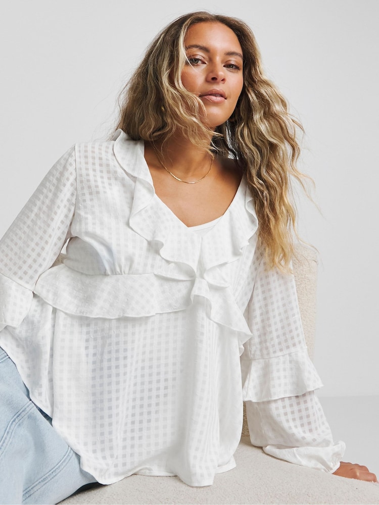 Simply Be White Seersucker Check Ruffle Sleeve Boxy Blouse - Image 1 of 4 Simply Be White Seersucker Check Ruffle Sleeve Boxy Blouse - Image 1 of 4