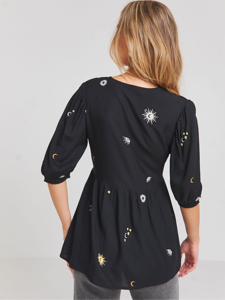 Simply Be Black 100% Cotton Celestial Embroidered Puff Sleeve V-Neck Top - Image 2 of 4