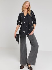 Simply Be Black 100% Cotton Celestial Embroidered Puff Sleeve V-Neck Top - Image 3 of 4