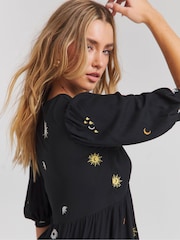 Simply Be Black 100% Cotton Celestial Embroidered Puff Sleeve V-Neck Top - Image 4 of 4