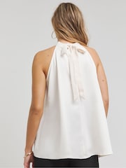 Simply Be Cream Halterneck Textured Satin Blouse - Image 2 of 4
