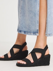 Simply Be Black Elastic Crossover Espadrille Wedge Sandals In Extra Wide Fit - Image 1 of 4