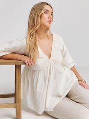 Simply Be 100% Cotton Embroidered Puff Sleeve V-Neck Smock Top - Imagen 1 de 4