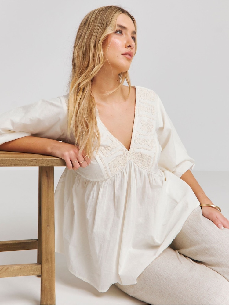 Simply Be 100% Cotton Embroidered Puff Sleeve V-Neck Smock Top - Imagen 1 de 4