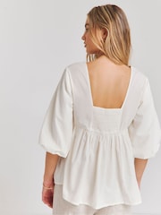 Simply Be 100% Cotton Embroidered Puff Sleeve V-Neck Smock Top - Imagen 2 de 4