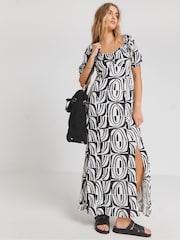 Simply Be Black Linen Ruched Front Mono Print Midi Dress - Image 1 of 4