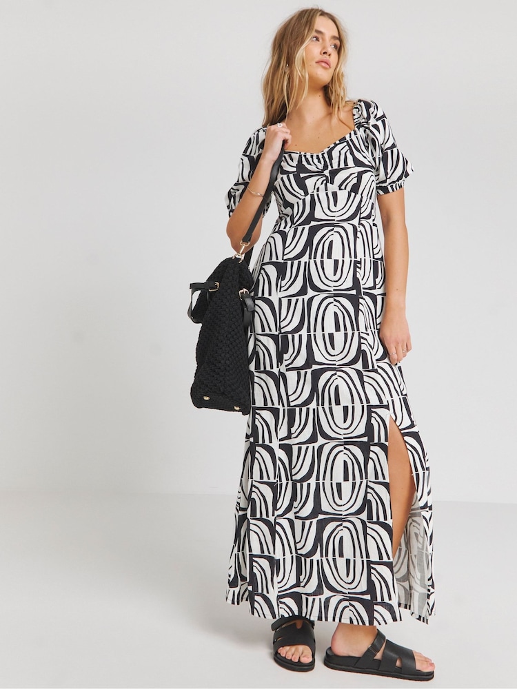 Simply Be Black Linen Ruched Front Mono Print Midi Dress - Image 1 of 4