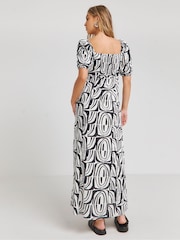Simply Be Black Linen Ruched Front Mono Print Midi Dress - Image 2 of 4