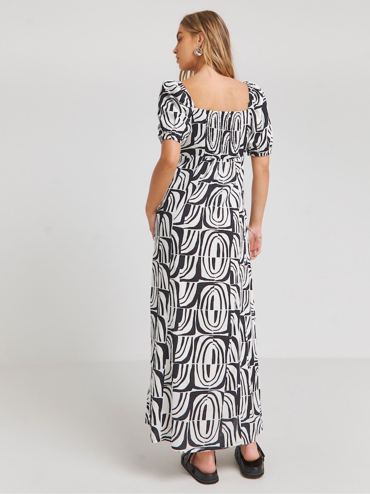 Simply Be Black Linen Ruched Front Mono Print Midi Dress - Image 2 of 4 Simply Be Black Linen Ruched Front Mono Print Midi Dress - Image 2 of 4