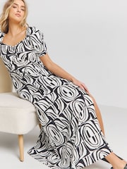 Simply Be Black Linen Ruched Front Mono Print Midi Dress - Image 3 of 4