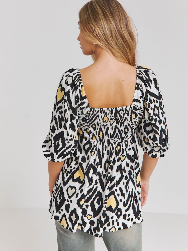 Simply Be Simply Be Mono Print Long Sleeve Ruched Front Smock Top - Imagen 2 de 4