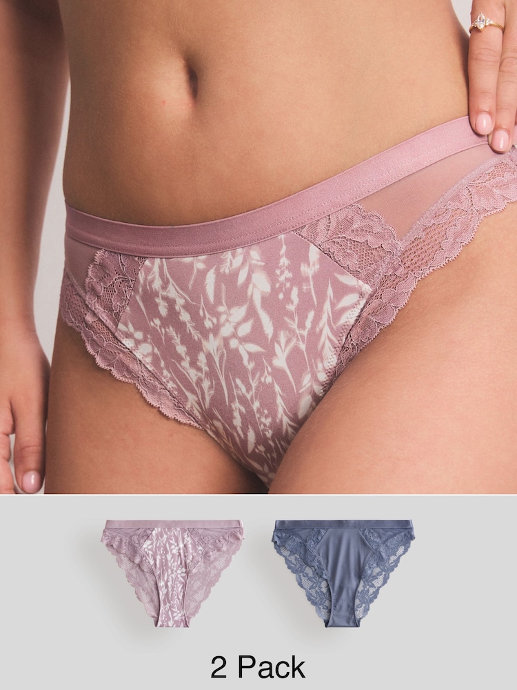 Rosa malva estampado/ azul - Pack de 2 braguitas de pierna alta con ribete de Encaje - Imagen 1 de 10