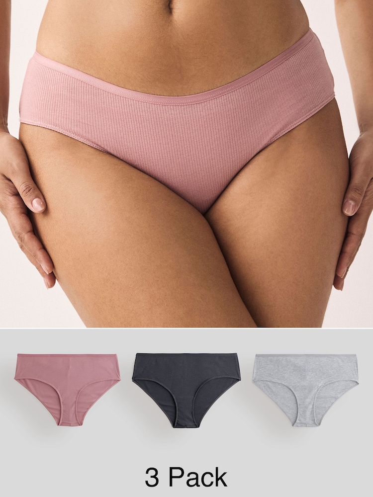 Grey/Navy Hipster Cotton Rib Knickers 3 Pack - Image 1 of 10 Grey/Navy Hipster Cotton Rib Knickers 3 Pack - Image 1 of 10