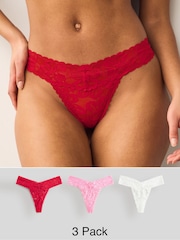 Red/Pink Thong Floral Lace Knickers 3 Pack - Image 1 of 10