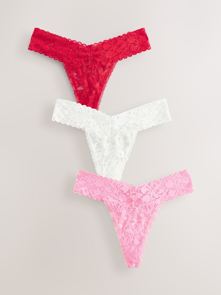 Red/Pink Thong Floral Lace Knickers 3 Pack - Image 5 of 10
