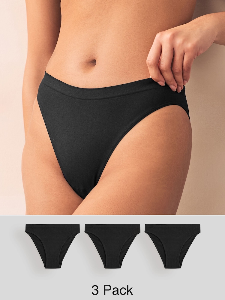 Black High Leg Seamless Rib Knickers 3 Pack - Image 1 of 8