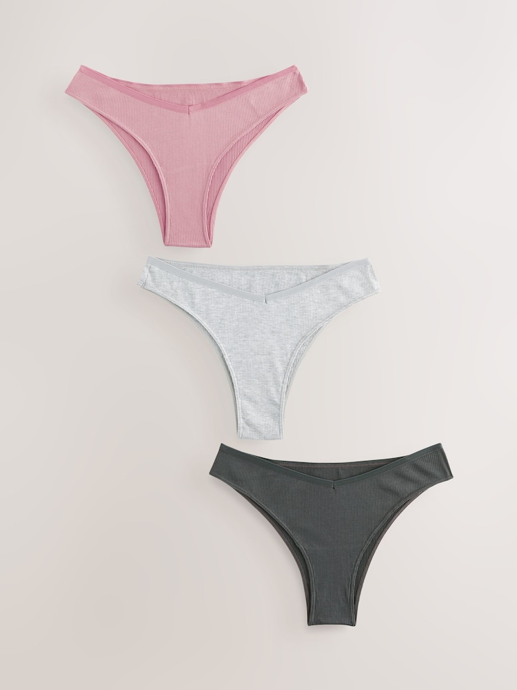 Grey/Navy Brazilian Cotton Rib Knickers 3 Pack - Image 1 of 6 Grey/Navy Brazilian Cotton Rib Knickers 3 Pack - Image 1 of 6