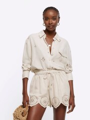 River Island Natural Broderie Linen Shorts - Image 1 of 4