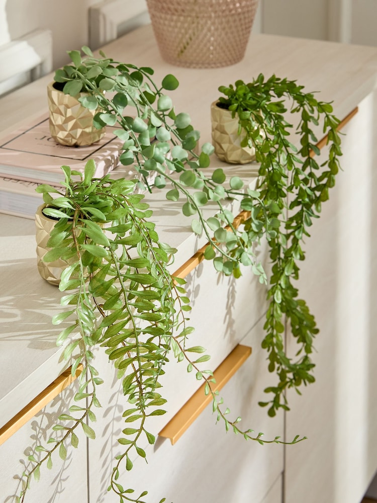 Green Artificial Trailing Plants In Mini Gold Hex Pots - Image 1 of 4