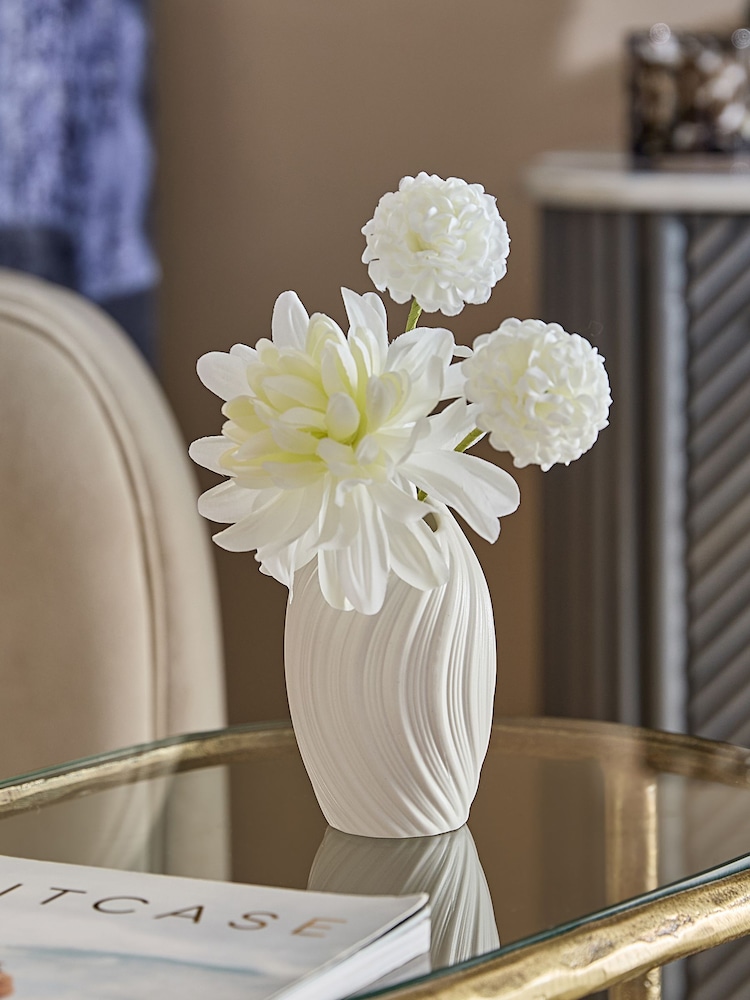 White Artificial Dahila Arrangement In Ceramic Pleated Mini Vase - Image 1 of 4
