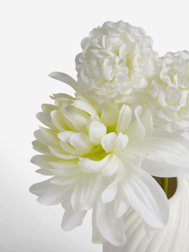 White Artificial Dahila Arrangement In Ceramic Pleated Mini Vase - Image 4 of 4