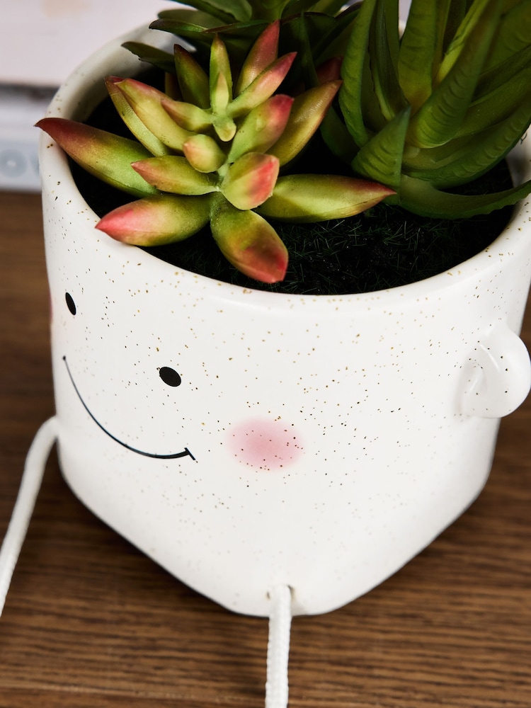 Green Artificial Succulents In Smiley Dangly Leg Ceramic Pot - Image 2 of 5