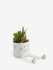 Green Artificial Succulents In Smiley Dangly Leg Ceramic Pot - Image 4 of 5