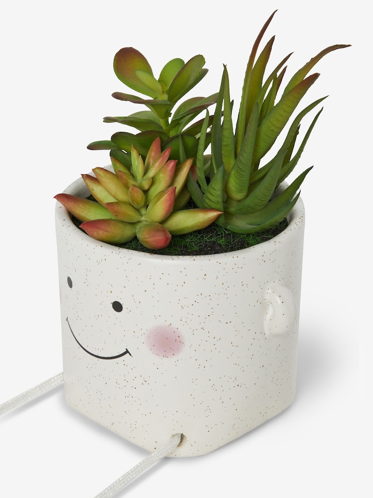 Green Artificial Succulents In Smiley Dangly Leg Ceramic Pot - Image 5 of 5