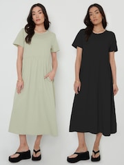 Threadbare Black 100% Cotton Smock Style Midi Dress 2 Pack - Image 1 of 3