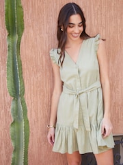 Threadbare Green Linen Blend Frill Sleeve Mini Dress - Image 1 of 4