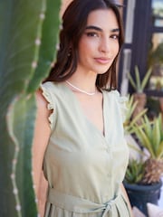Threadbare Green Linen Blend Frill Sleeve Mini Dress - Image 4 of 4