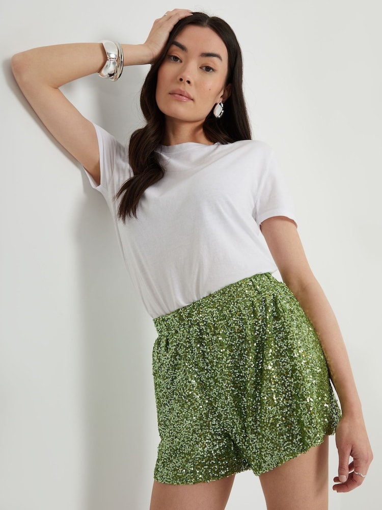 Threadbare Green Sequin Pull-On Shorts - Image 1 of 5