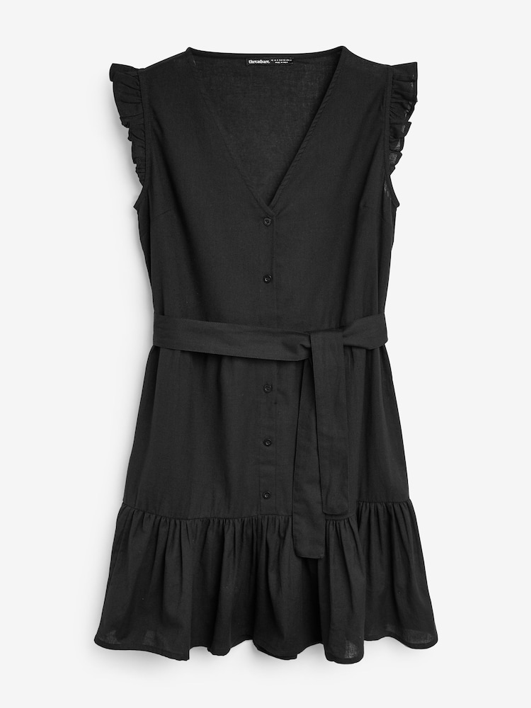 Threadbare Black Linen Blend Frill Sleeve Mini Dress - Image 5 of 5