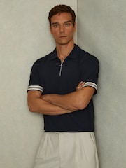 Marineblau - Reiss Bristol Strukturiertes Poloshirt mit Kontrastbesatz und halbem Reissverschluss - Bild 5 von 6