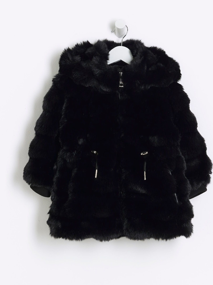 River Island Black Girls Bobble Faux Fur Coat - Image 1 of 4