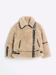 River Island Cream Girls Borg Aviator Coat - Image 1 of 3