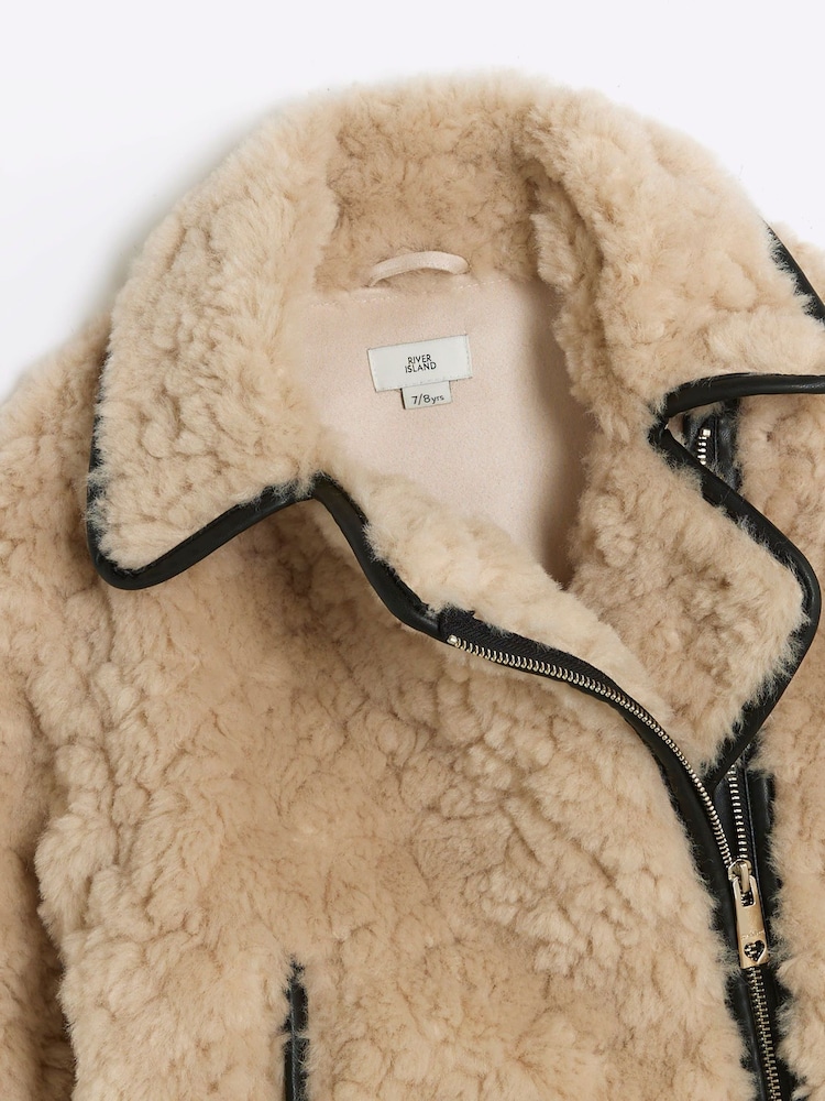 River Island Cream Girls Borg Aviator Coat - Image 3 of 3