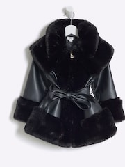River Island Black Girls Faux Fur Leather BOWS  Wrap Coat - Image 1 of 4