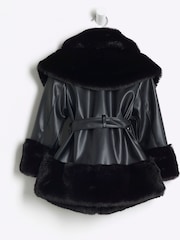 River Island Black Girls Faux Fur Leather BOWS  Wrap Coat - Image 2 of 4