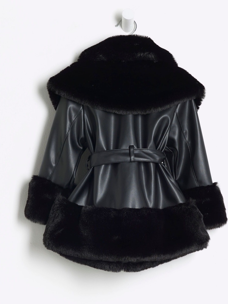 River Island Black Girls Faux Fur Leather BOWS  Wrap Coat - Image 2 of 4