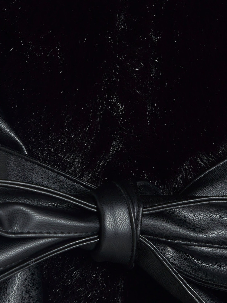 River Island Black Girls Faux Fur Leather BOWS  Wrap Coat - Image 4 of 4