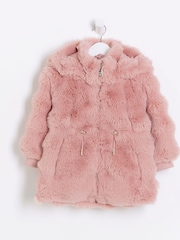 River Island Pink Girls Bobble Faux Fur Coat - Image 1 of 3