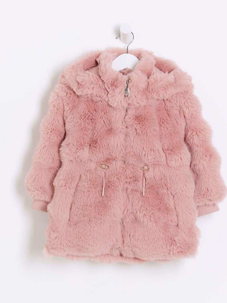 River Island Pink Girls Bobble Faux Fur Coat - Image 1 of 3