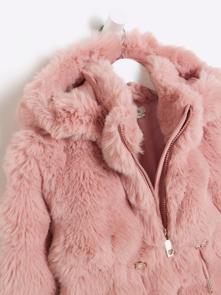 River Island Pink Girls Bobble Faux Fur Coat - Image 2 of 3 River Island Pink Girls Bobble Faux Fur Coat - Image 2 of 3