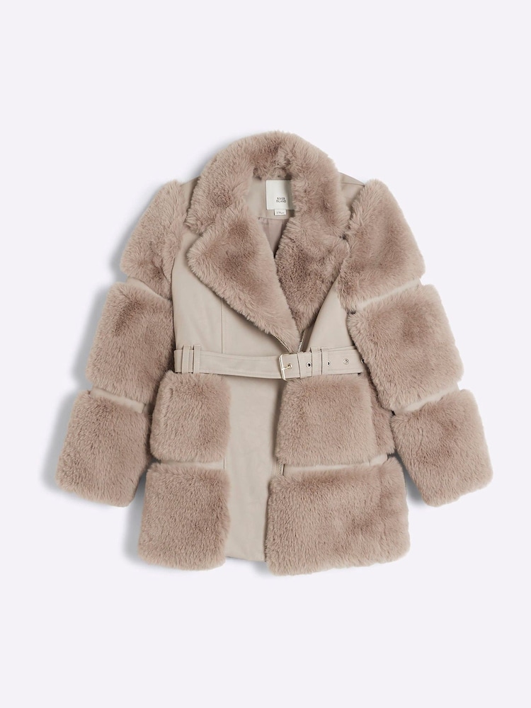 River Island Cream Girls Panelled Faux Fur Coat - Image 1 of 4