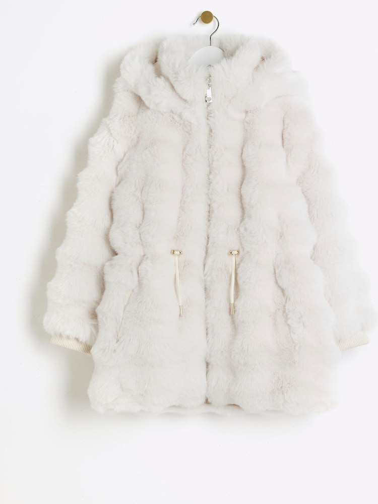Creme - River Island Bobble Mantel aus Kunstpelz für Mädchen - Bild 1 von 1