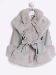 River Island Grey Girls Faux Fur Leather BOWS  Wrap Coat - Image 1 of 4